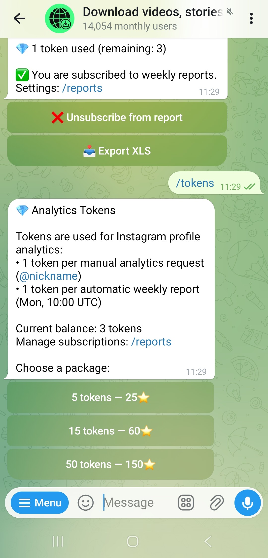 Analytics tokens balance and purchase packages